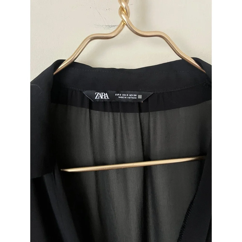 Zara Women Black Sheer Chiffon Tie Front Long Sleeve Bodysuit party neutral S